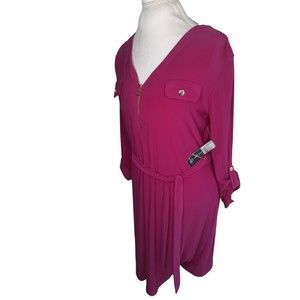 NWT Women Fushier Hot Pink Dress Sz L Shift Zip Cuff Sleeve Knee Length SOHO